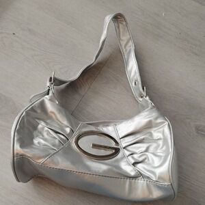 G by Guess Metallic Silver Y2K Logo Shoulder Bag Hobo Triple Compartment Triple